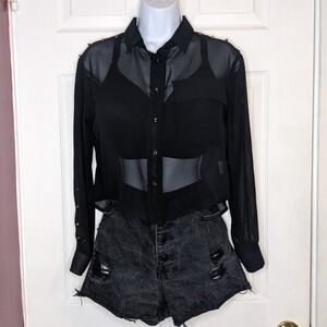 Faisca Black Sheer Long Sleeve Spike Studded Button Down Blouse Top S